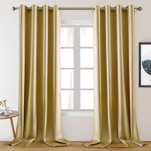 HOMEIDEAS 2 Panels Gold Faux Silk Blackout Curtains